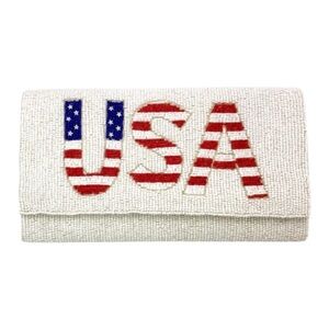 New American USA Flag Patriotic Beaded Clutch - Red, White, and Blue